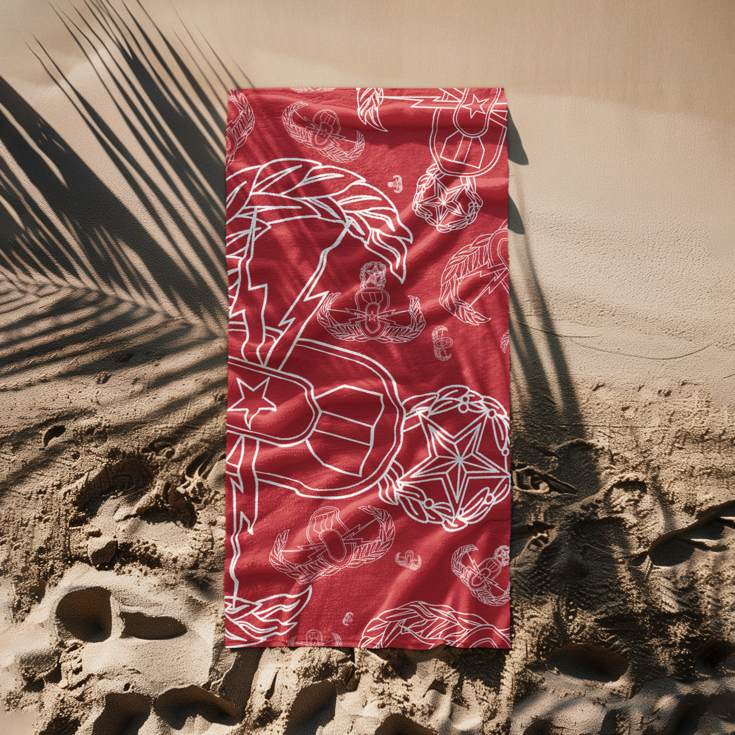 Print On Demand - Beach Towel - "EOD Mixed Badges" (White on Red)
