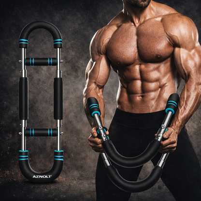 Aznolt adjustable U-shaped arm chest expander shown and held by muscular man, fitness gear
