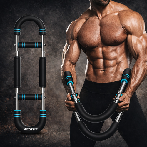 Aznolt adjustable U-shaped arm chest expander shown and held by muscular man, fitness gear