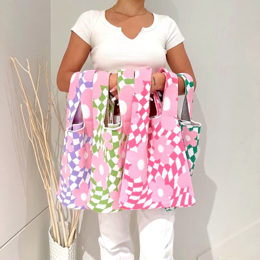 Nao Checkered Flower Tote Bag