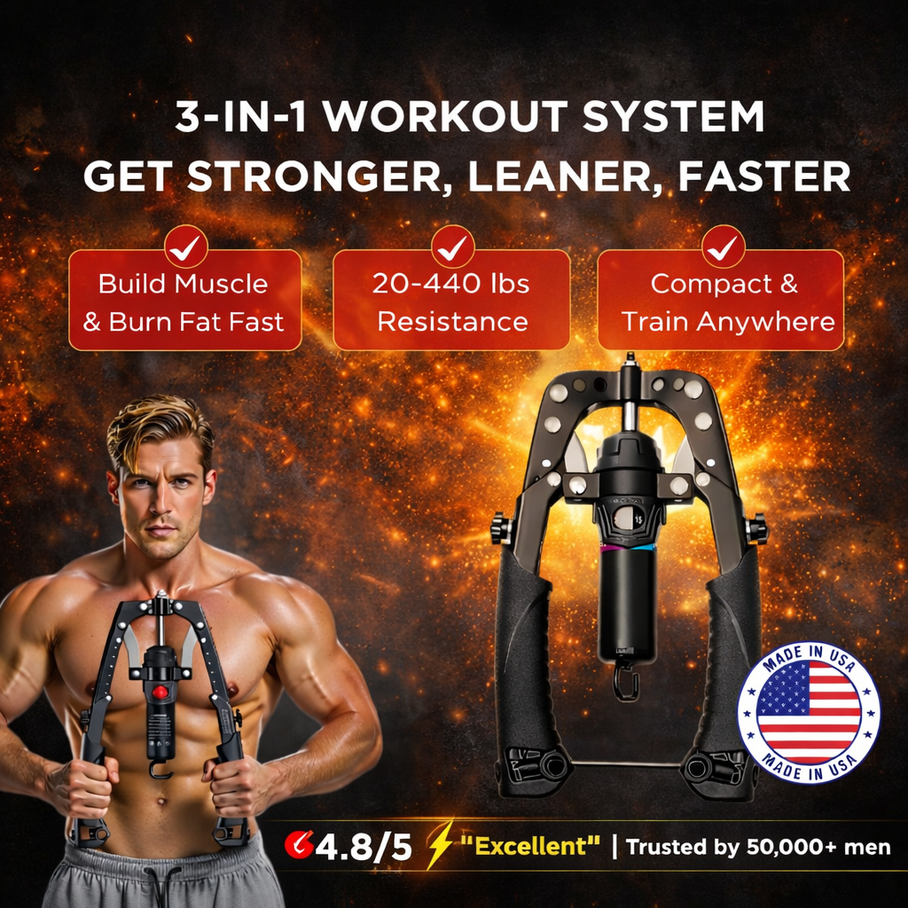 Jolissea muscle trainer 3-in-1 workout system showcased with a muscular athlete, key fitness features, and a USA quality badge.