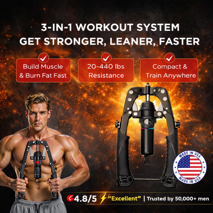 Jolissea muscle trainer 3-in-1 workout system showcased with a muscular athlete, key fitness features, and a USA quality badge.