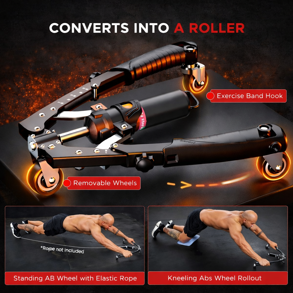 Jolissea muscle trainer ab roller featuring detachable wheels, resistance hooks, and practical training examples.