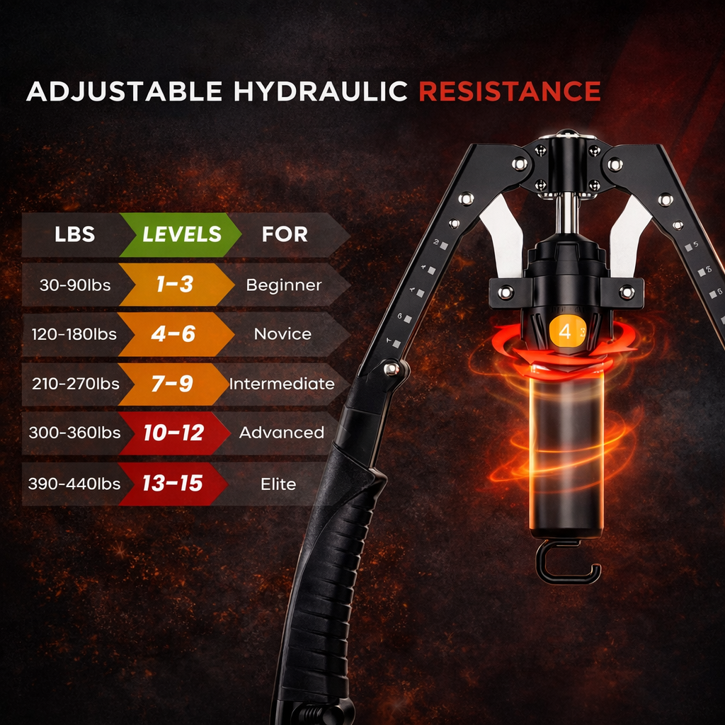 Jolissea adjustable hydraulic muscle trainer with precision resistance control and a complete level chart for all fitness goals.