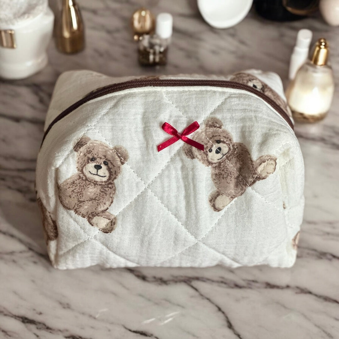 Teddy Bear Bow Quilted Cosmetic Bag