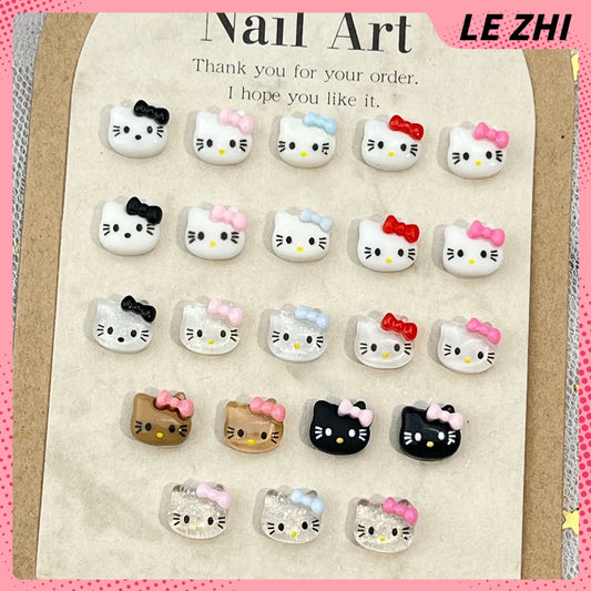 20Pcs Hello Kitty Bowknot Nails Charm Party Stickers 3D Cat Solid Colour Transparent Glitter Nails Stickers Accessories