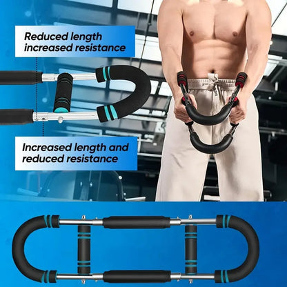 Aznolt adjustable home fitness resistance bar held by a man in gym, showing grip positions.
