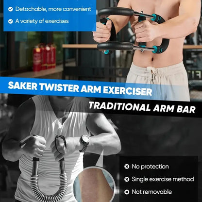 Man using Aznolt Saker Twister arm exerciser in gym, comparison with traditional arm bar.