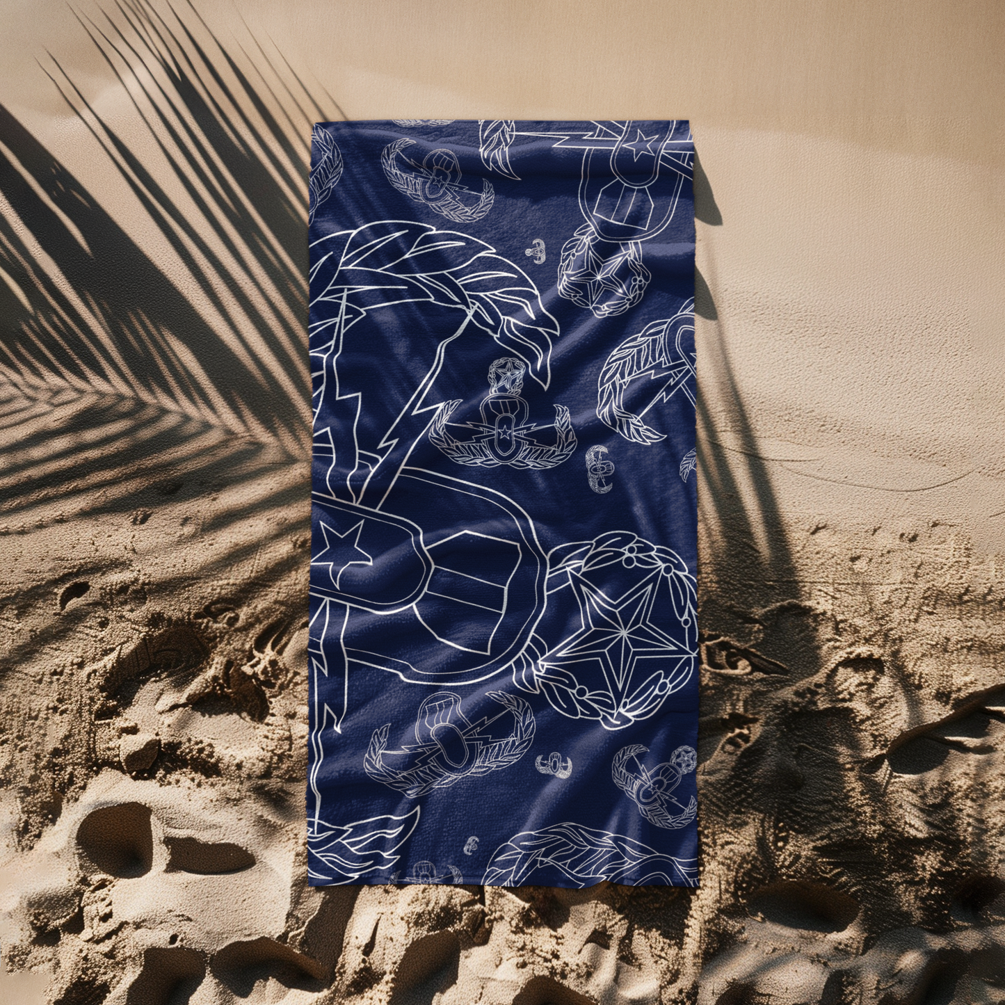 Print On Demand  - Beach Towel - "EOD Mixed Badges" (White on Navy)