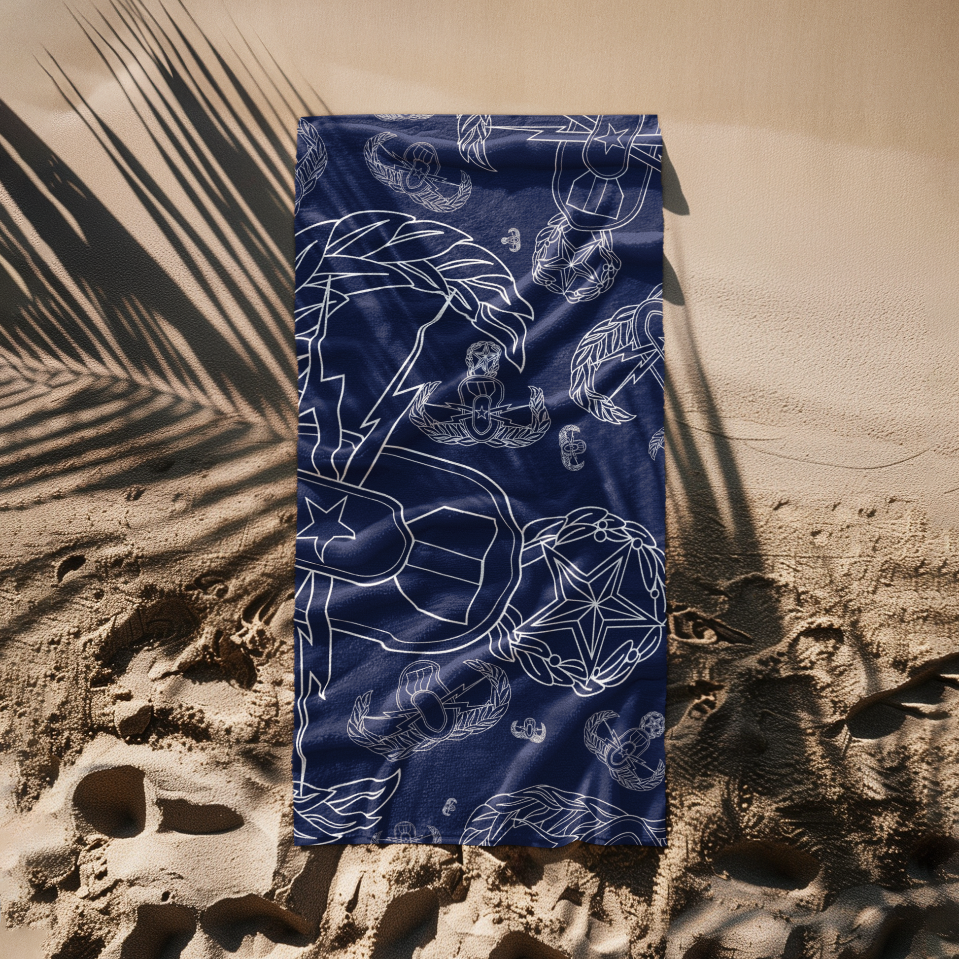 Print On Demand  - Beach Towel - "EOD Mixed Badges" (White on Navy)