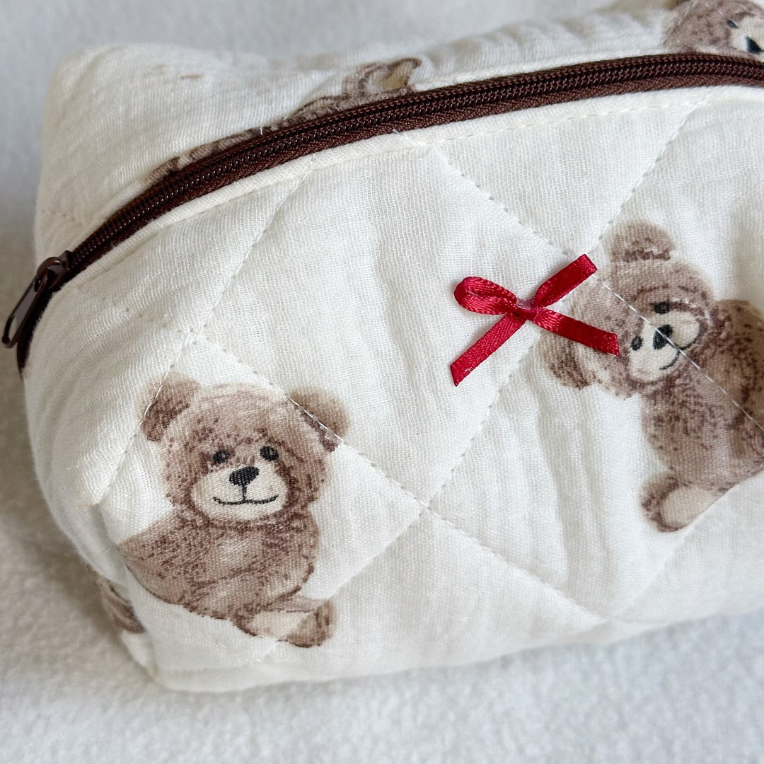 Teddy Bear Bow Quilted Cosmetic Bag